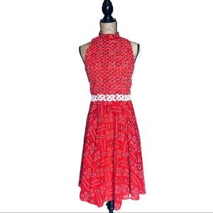 VTG 70S DRESS BANDANA PRINT SLEEVELESS SMOCKED MIDI VINTAGE RED WHITE SMALL S